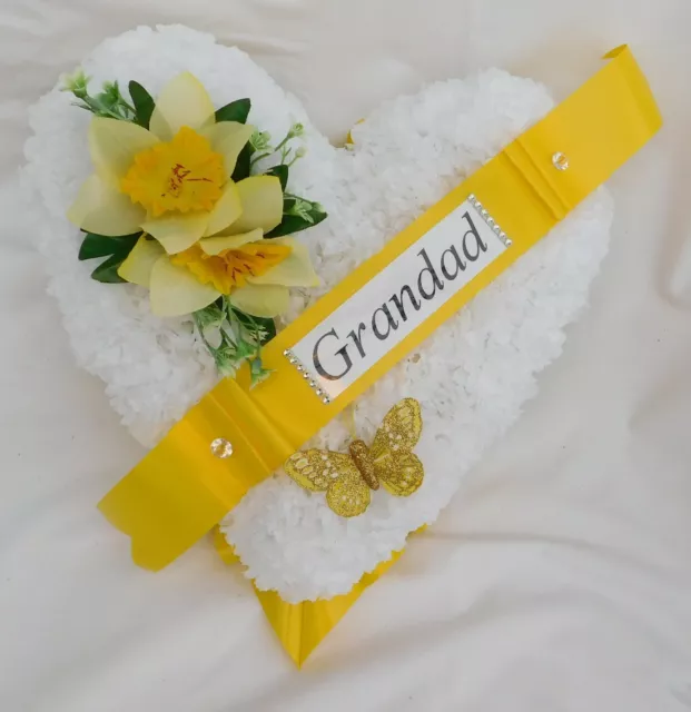 Artificial Silk Grave Funeral Flowers Daffodil Yellow Heart Wreath Memorial Dad