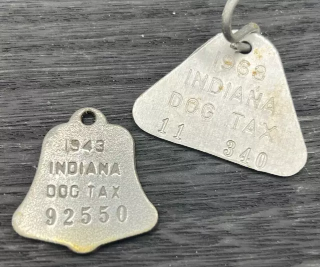 2 LOT VTG Indiana DOG TAX tag DOG LICENSE tag 1968 & 1943 Metal~ exonumia