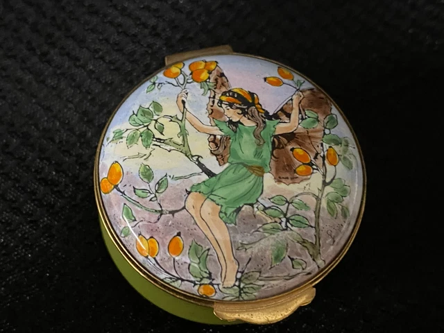 Crummles Enamel Trinket Box ~ "FLOWER FAIRY/FRUIT TREE" ~ England ~ Round 1 3/4" Crummles Enamel Trinket Box ~ "FLOWER FAIRY/FRUIT TREE" ~ England ~ Round 1 3/4"
