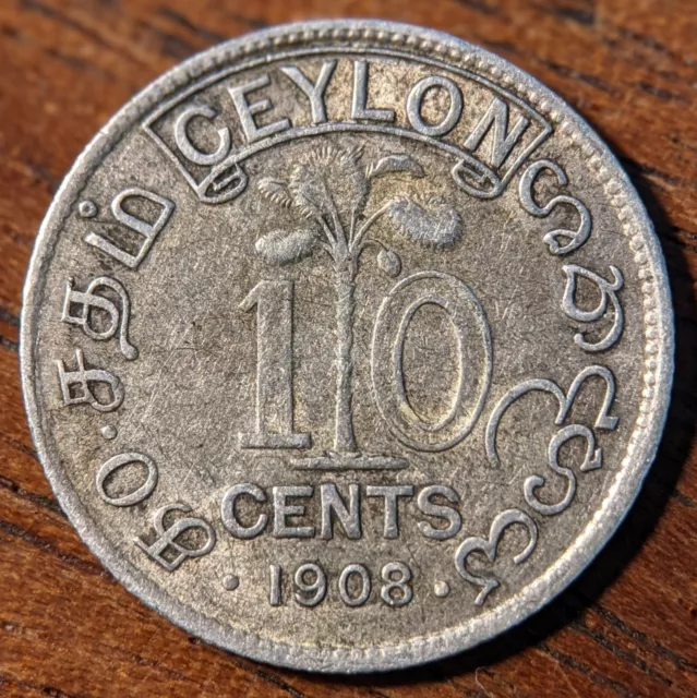Ceylon 10 Cents 1908 Silver (.800) Coin - Edward VII