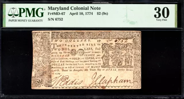 Maryland Colonial Note Fr#MD-67 April 10, 1774 $2 PMG 30