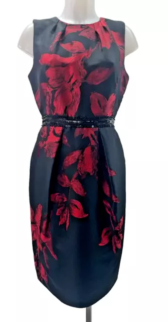 CMV Carmen Marc Valvo Sleeveless Black Red Floral Cocktail Dress SZ 8