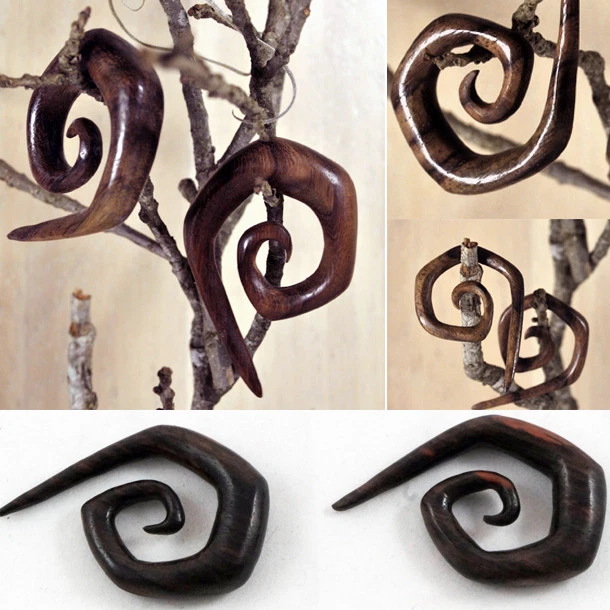Pair Organic Sono Wood Spiral Oval Nut Ear Gauge Plugs Handmade Hook 8G-1 1/16"