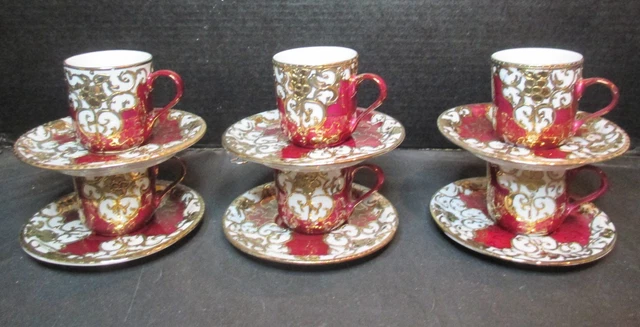 Gold Encrusted 6 Demitasse Cups & 6 Saucers Emperor Design Villa Handy Crafts