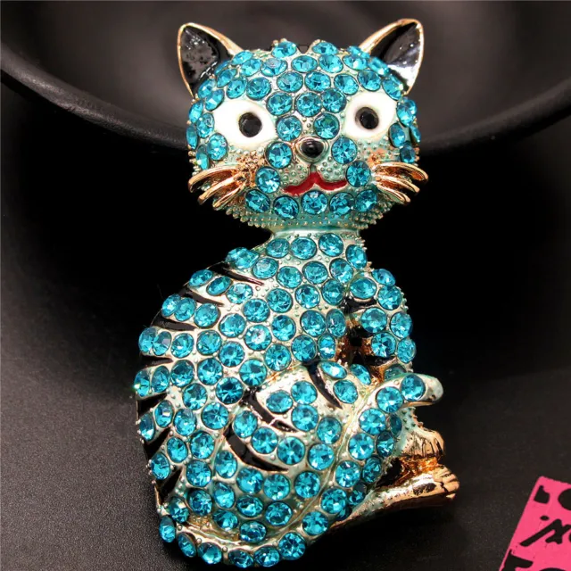 Blue Bling Rhinestone Cute Cat Crystal Betsey Johnson Charm Brooch Pin Gifts