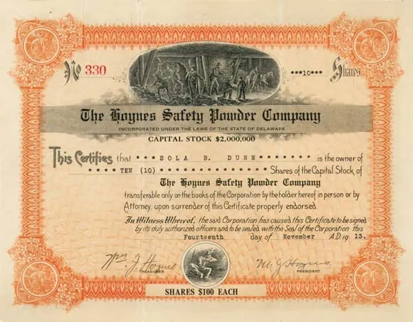 Hoynes Safety Powder Co. - Stock Certificate - Autographed Stocks & Bonds