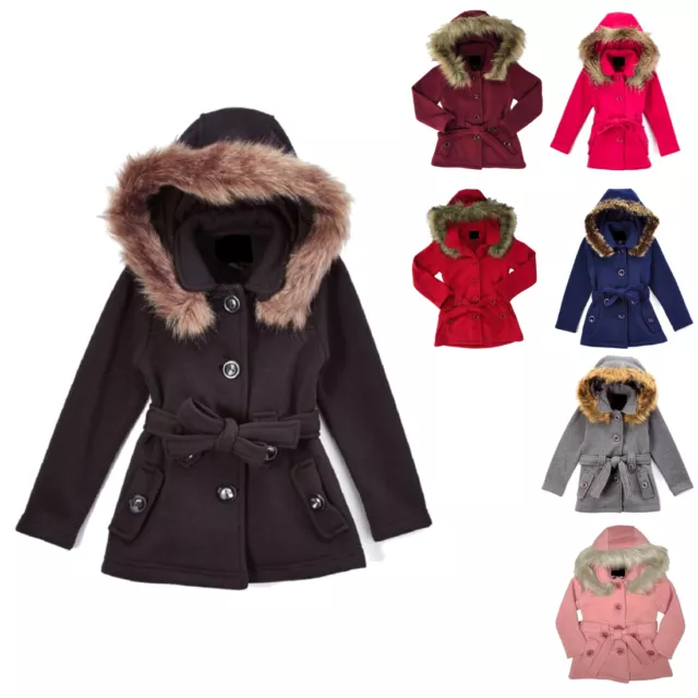 Girl's Fleece Detachable Faux Fur Trim Hood Button Polyester Belted Coat Jacket