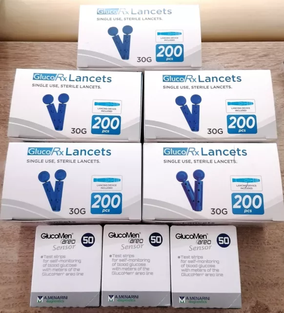 GlucoRx 30G Sterile Lancets -5 X  200 + GlucoMen Aero Senser x 3 X 50 BRAND NEW