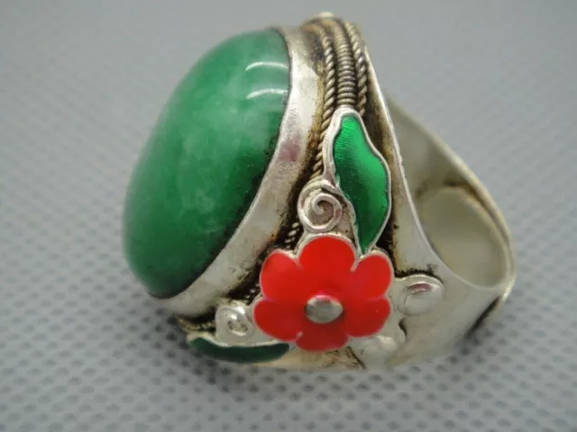 Old Chinese enamel  Tibet Silver inlay Green Jade handmade Adjust Ring e468