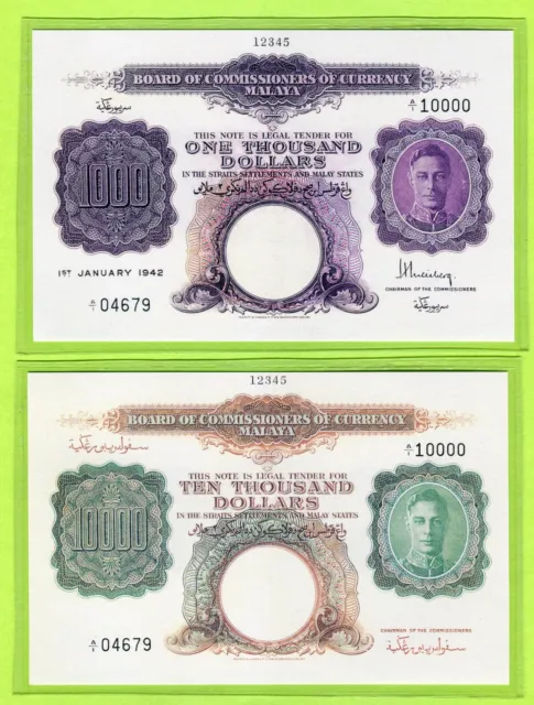 Malaya 1000 & 10,000 Dollars 1942 P16 17 UNC - Reproduction