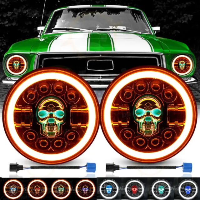 Pair 7" inch Round RGB Skull LED Headlights Halo DRL For Ford Mustang 1965-1978