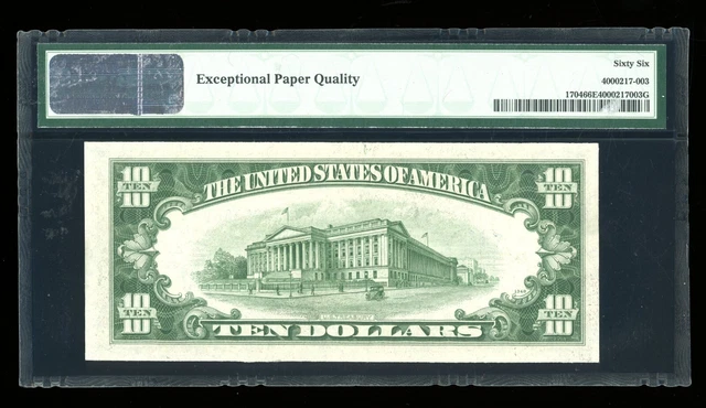 DBR 1934-C $10 Silver Gem Fr. 1704 PMG 66 EPQ Serial B38526609A 2