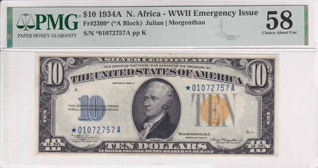 1934-A $10 Silver STAR Fr.#2309* PMG 58 Choice About Uncirculated - Rare Star
