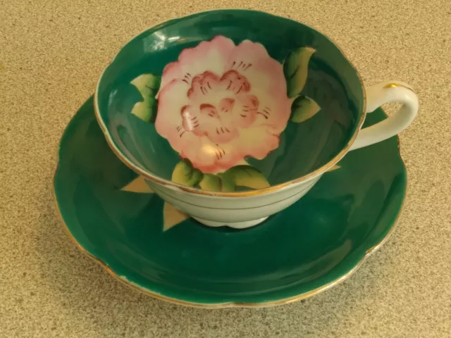 Green SHAFFORD Footed Tea Cup and Saucer w/ Hand Painted Pink Flower & Gold Trim