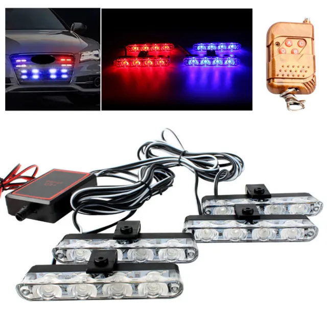 4x LED Auto KFZ Blau/Rot Polizeiwagen LKW Armaturenbrett Warnung Blitzlicht