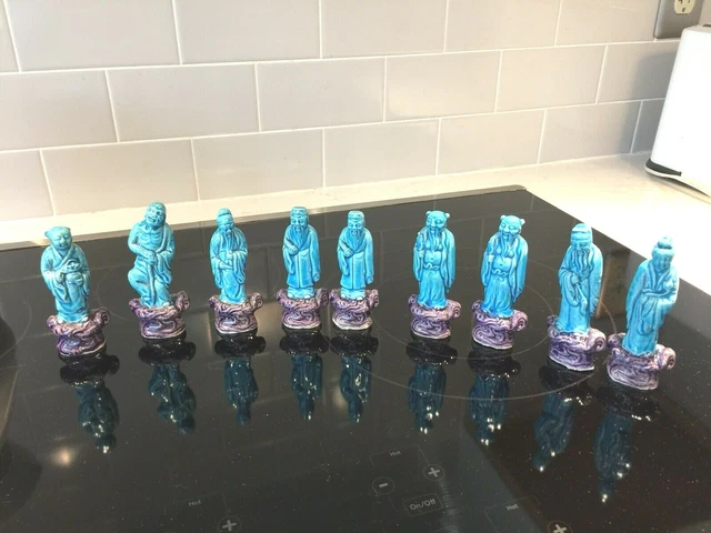 Vintage set of 9  CHINESE Ceramic TURQUOISE Glaze Figurines 4"