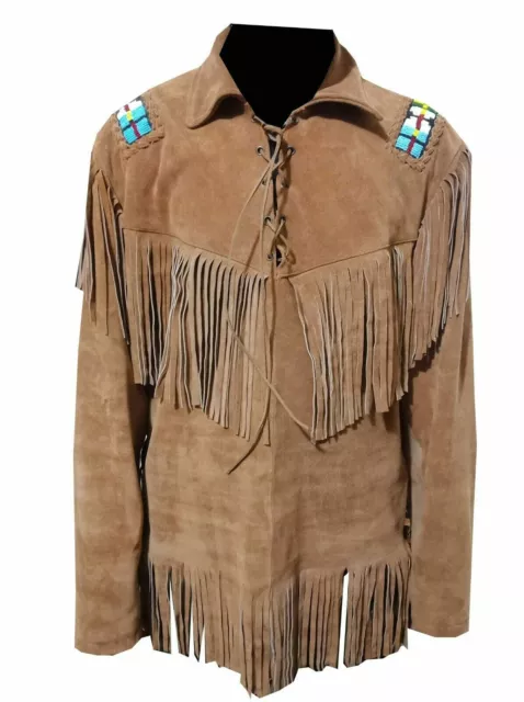 Men Native American Cowboy Western Suede Leather Jacket Coat Fringes Bones Beads