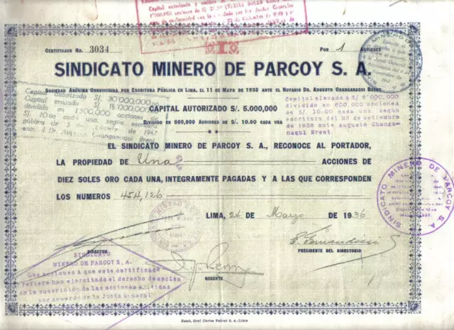 Peru 1936 Sindicato Minero Parcoy Gold Mines 1 share 10 soles Uncancelled