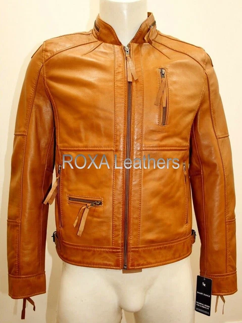 Nuovo da Uomo Originale pelle D'Agnello 100% Giacca Moto Club Indossare Marrone