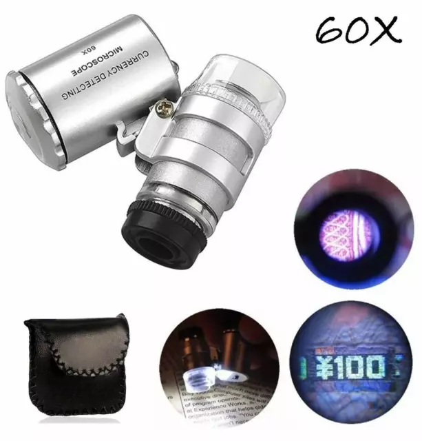 60X Lupa Aumento Con 2 LED & 1 UV Luz para Moneda Detector/Checking