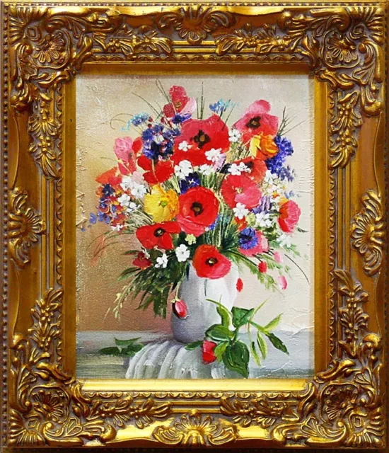 Mezclas Blumenstrauß-ölgemälde Pintura Lienzo + Marco Firmado Imagen 27x32cm