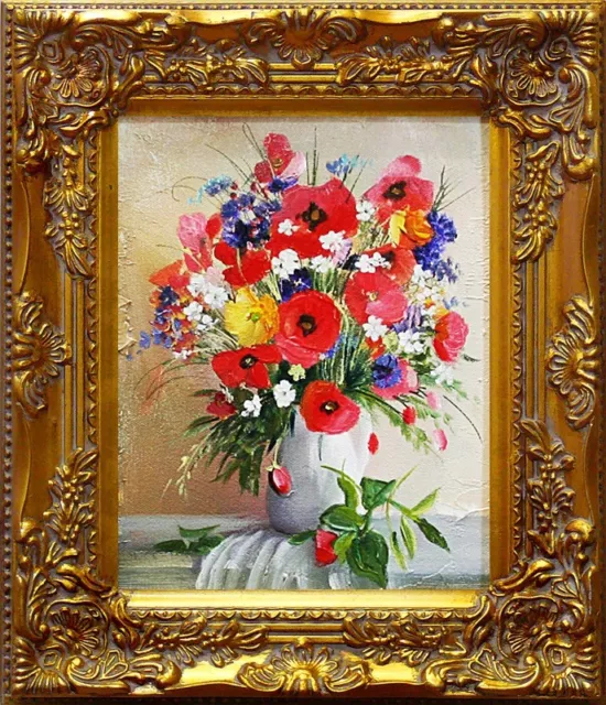 Mixte Blumenstrauß-ölgemälde Peinture Toile + Cadre Signé Image 27x32cm
