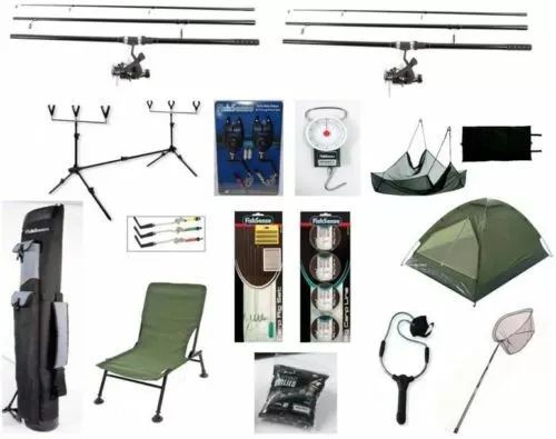 Complete Carp Fishing Outfit Set Chair Shelter  Rods Reels Alarms Pod Bag Net.