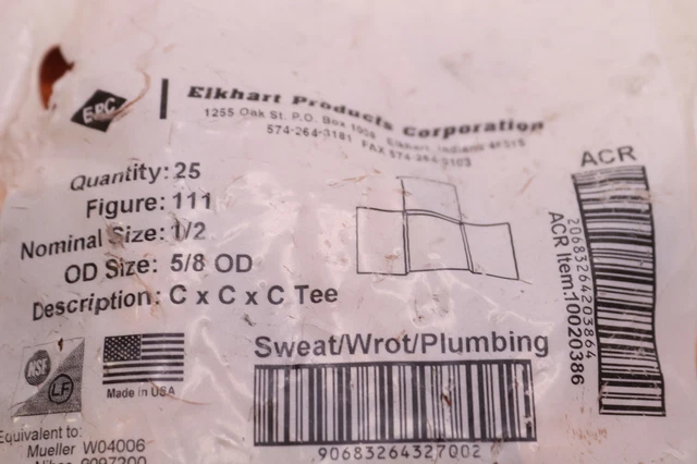 (25-Pk) Elkhart Products C x C x C Tee 5/8" OD 10020386