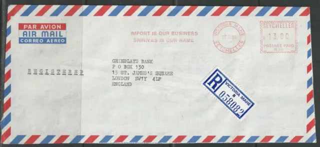 Seychelles Cover Postage Paid 27.03.1984 to Grindlays Bank R-Cover