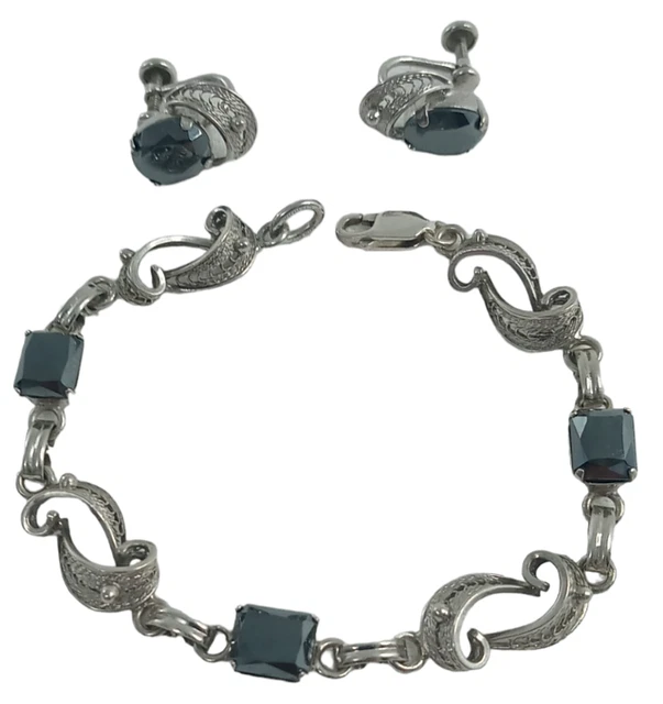 Vintage Van Dell Sterling Silver Hematite Filigree Bracelet & Screw On Earrings