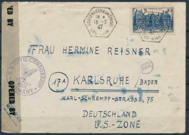 FRANCE 760 Lettre censure U.S. Civil Censorship Germany Dossenheim mars 1947