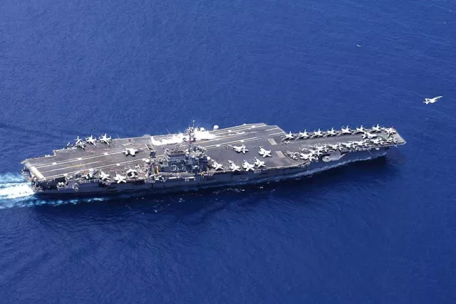 USS KITTY HAWK WITH F/A-18 HORNET TAKING OFF 12x18 SILVER HALIDE PHOTO PRINT