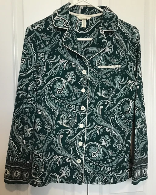 Soma Button Front Pajama Top Long Slv Green Paisley S