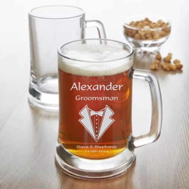 Personalised Engraved 500ml Beer Mug Tankard Glass Wedding Groomsman Best Man