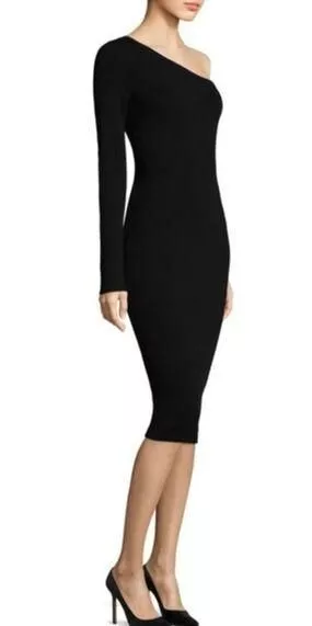 DIANE VON FURSTENBERG Black One Shoulder Bodycon Midi Sheath Dress XS $348