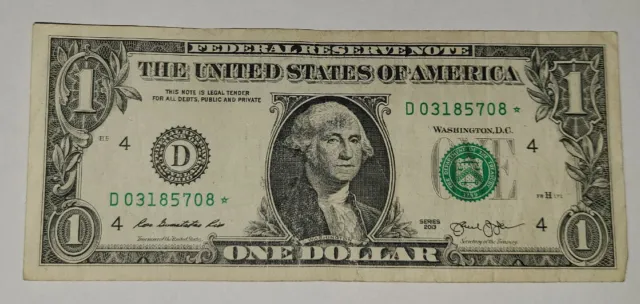 Star Note One Dollar Bill 2013 Cleveland Ohio D Block Series D03185708*