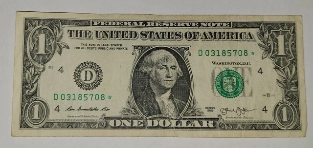 Star Note One Dollar Bill 2013 Cleveland Ohio D Block Series D03185708*