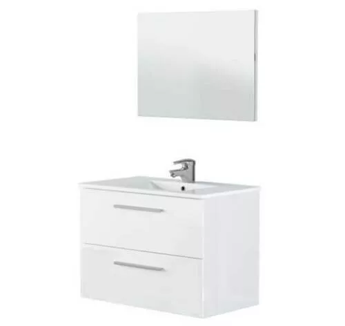 Mobile Bagno sospeso 80 cm 2 cassetti con LAVABO, SPECCHIO e COLONNA bianco 3