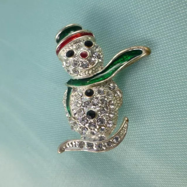 Cute Christmas Snowman Pin Brooch Pave Crystals Happy Holiday Winter Green Red