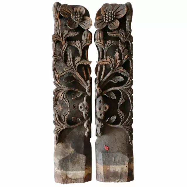 Pair Antique Chinese Pine/Poplar Architectural Floral Carvings 18th Century