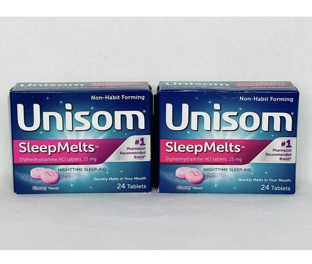 (2) Ayuda nocturna para dormir Unisom SleepMelts (Sleep Melts) sabor a cereza 24 quilates.