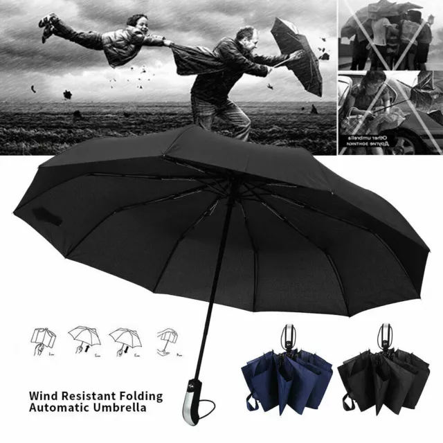 Strong Windproof 10 Ribs Automatic Open Close Umbrella Folding Compact Travel 3