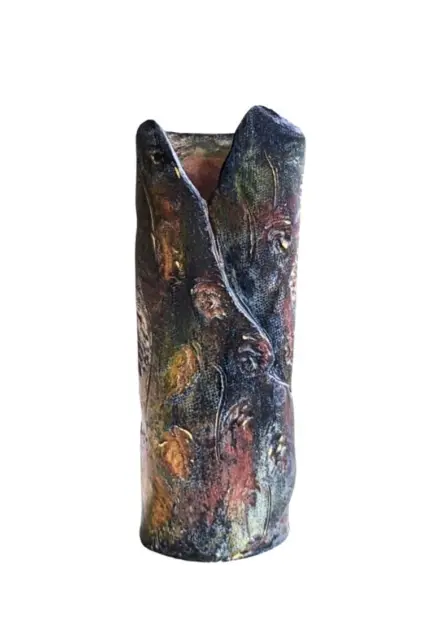 Vintage Hand Made Raku Fired Pottery Freeform Abstract Textured Cylinder Vase