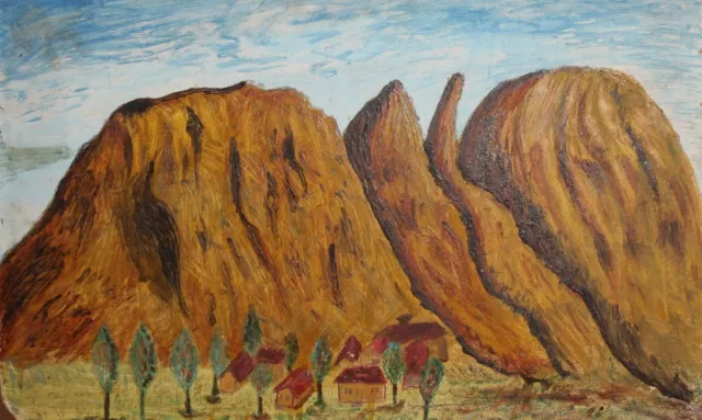 Vintage naive art oil painting mountain landscape