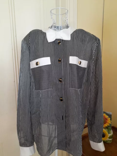 VINTAGE 1980's LONG SLEEVE BLOUSE MR SIMON BLACK/WHITE STRIPES AUSTRALIAN MADE