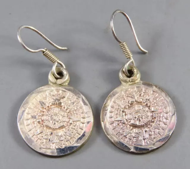 Vintage STERLING SILVER Plata Mexico MAYAN CALENDAR Dangle Earrings DIAMOND CUT