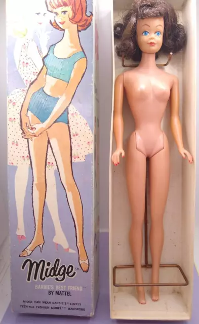 1960s Vintage Barbie Midge Doll Standard Leg Brunette In Original Box & Stand