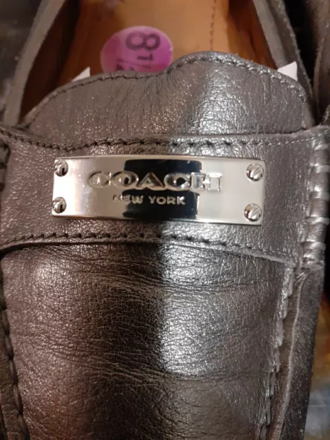 Coach Shoes Womens Size8 Silver Pewter Leather Logo Loafer Olympia Driving Flats