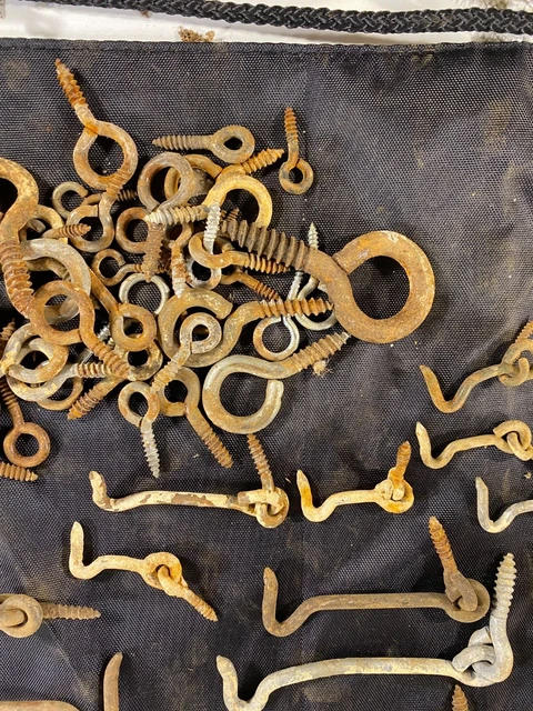 Vintage lot Metal Door Latch Hooks Barn Gate Locks Eyelets Threaded Steel Catch 5