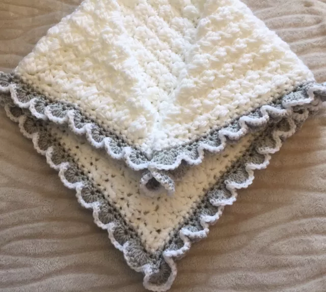 Hand crocheted baby's Chunky blanket /car seat/pram/crib White and grey dk wool.